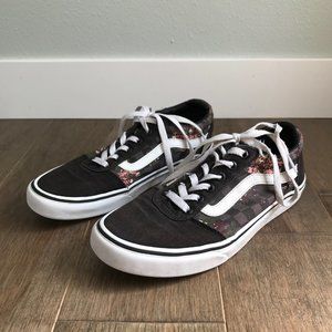 Van's Floral Checkered Shoes - Black, White - Women's Size 9.5 / 40.5 EU